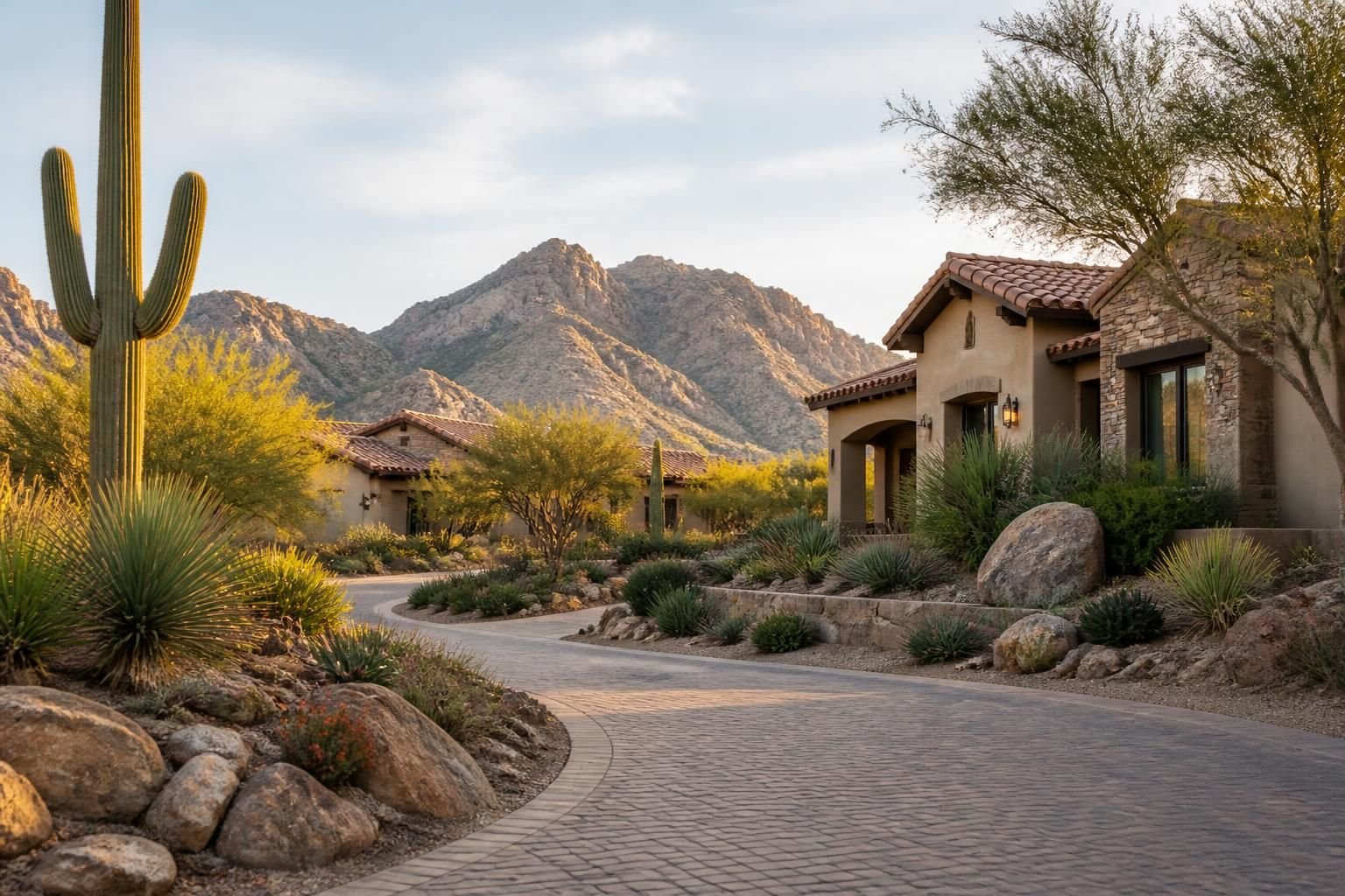 Desert community with natural rock textures and plants in Carefree