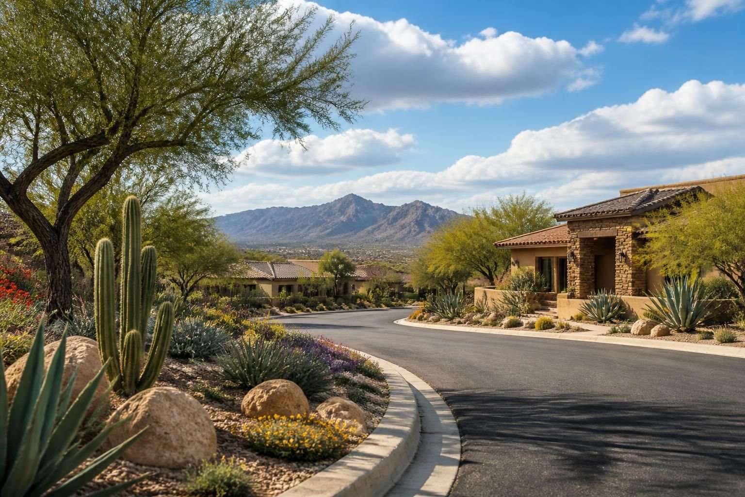 Desert neighborhood with native plants and stone accents in Cave Creek