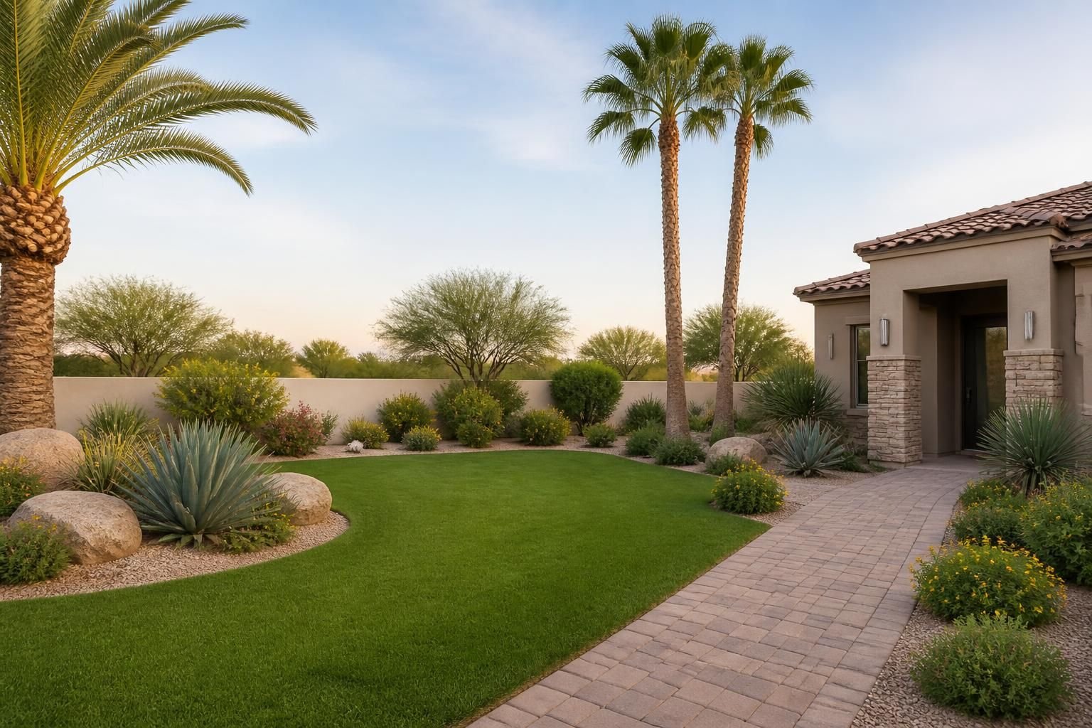 Welcoming front yard with trimmed palms and paved walkway