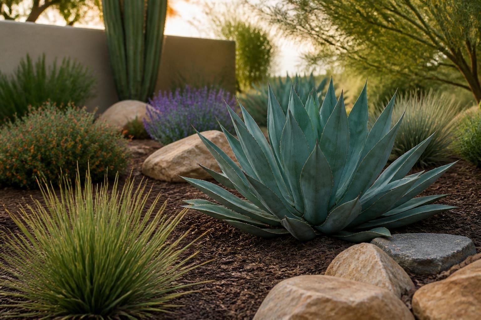 Beautifully finished desert landscape with layered plantings