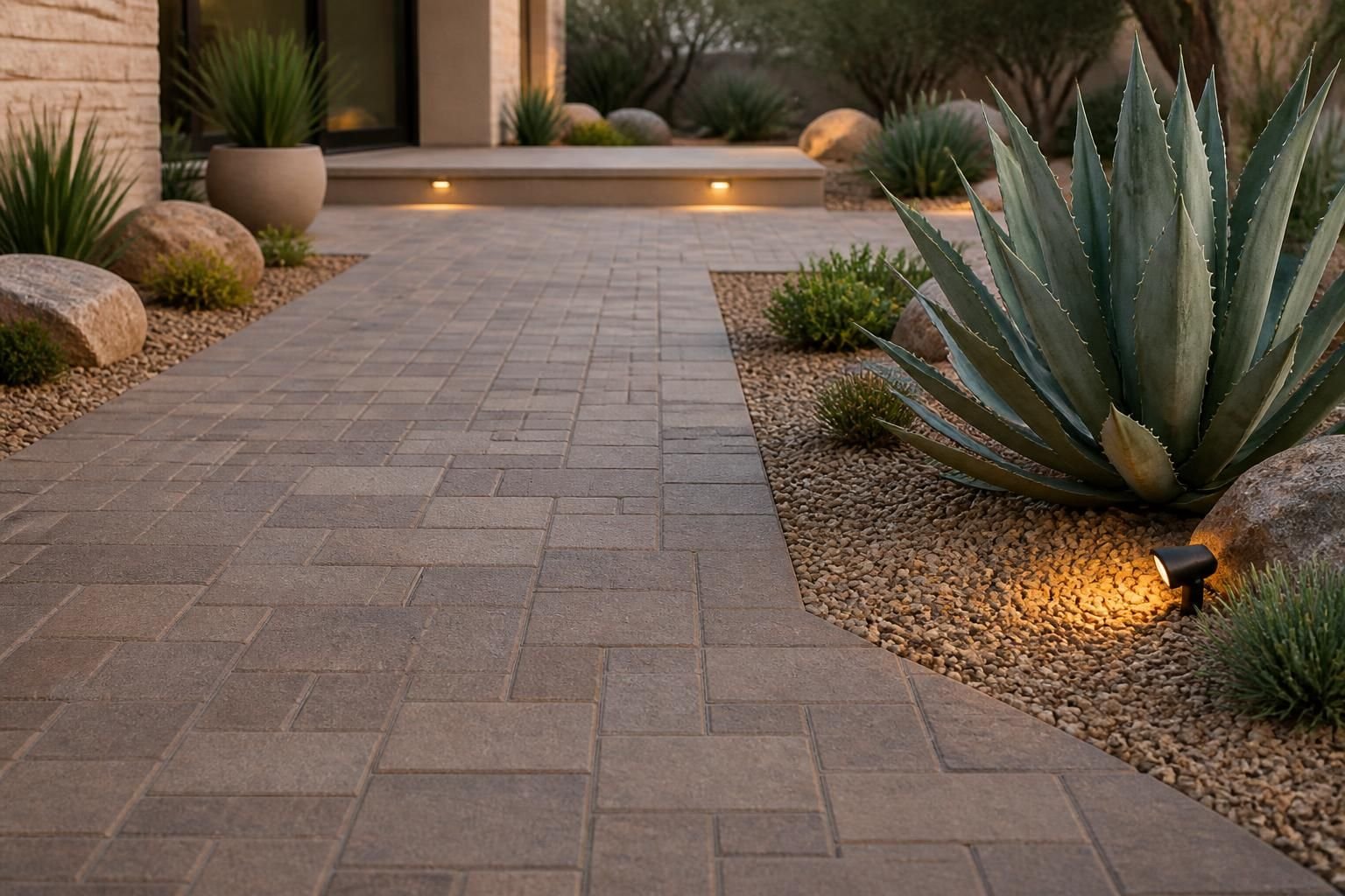Finished paver walkway beside desert landscaping