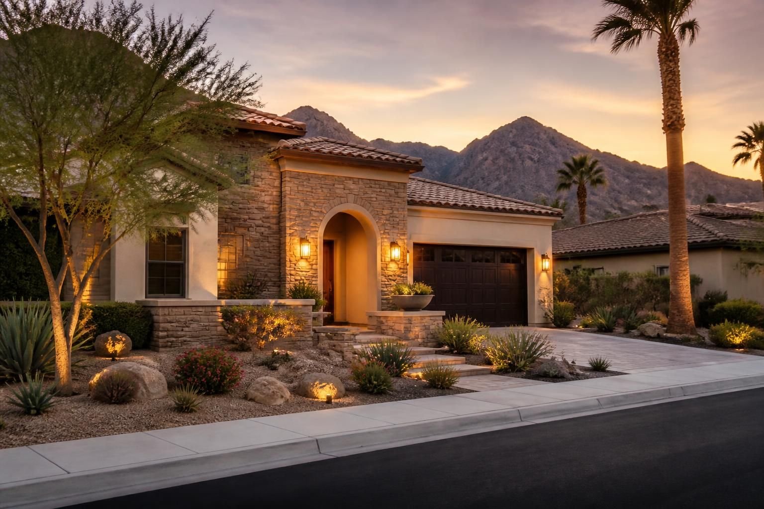 Upscale neighborhood with elegant desert gardens in Scottsdale