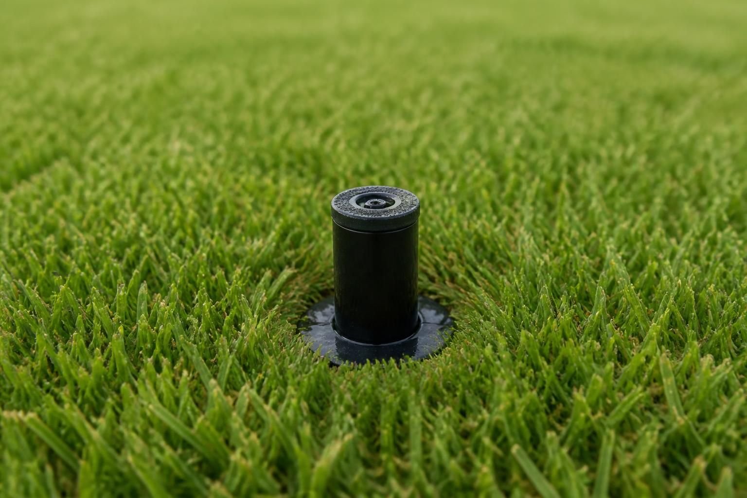 Repaired sprinkler head in a finished green lawn