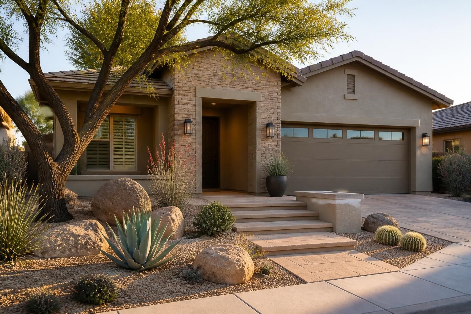 Neighborhood with fresh desert landscaping and curb appeal in Surprise
