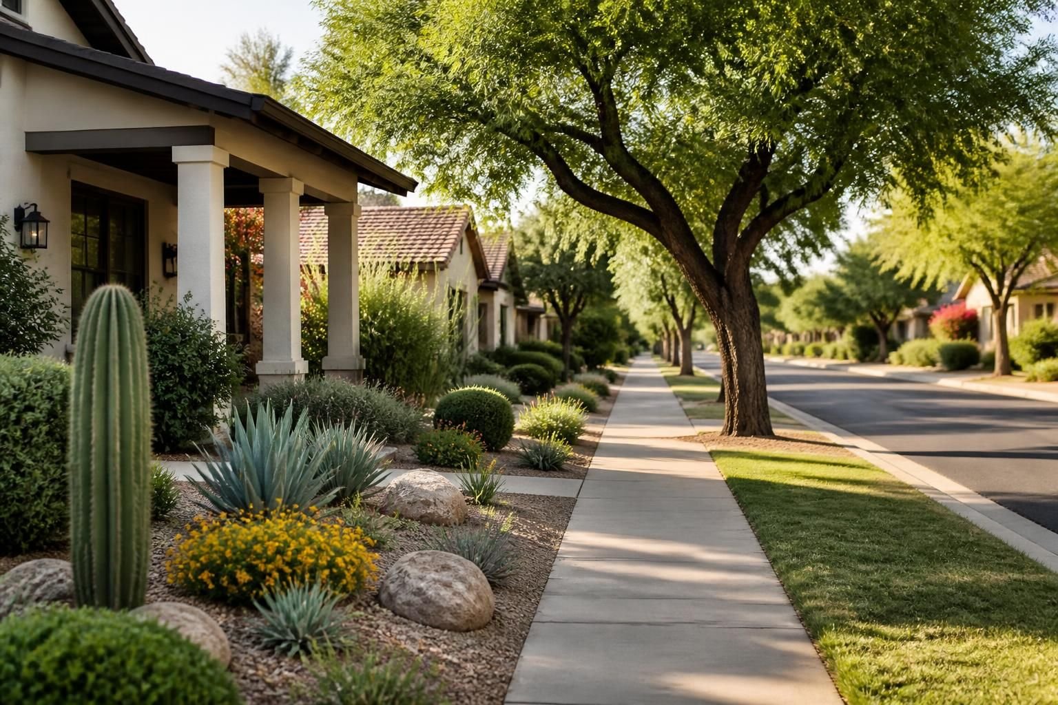 Tree-lined neighborhood street with desert plants in Tempe