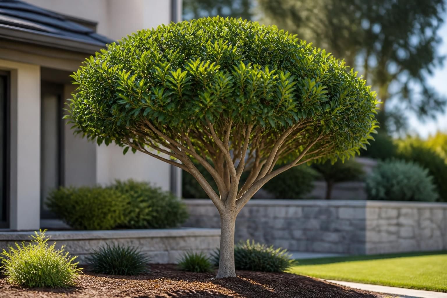 Neatly trimmed tree in a finished residential yard